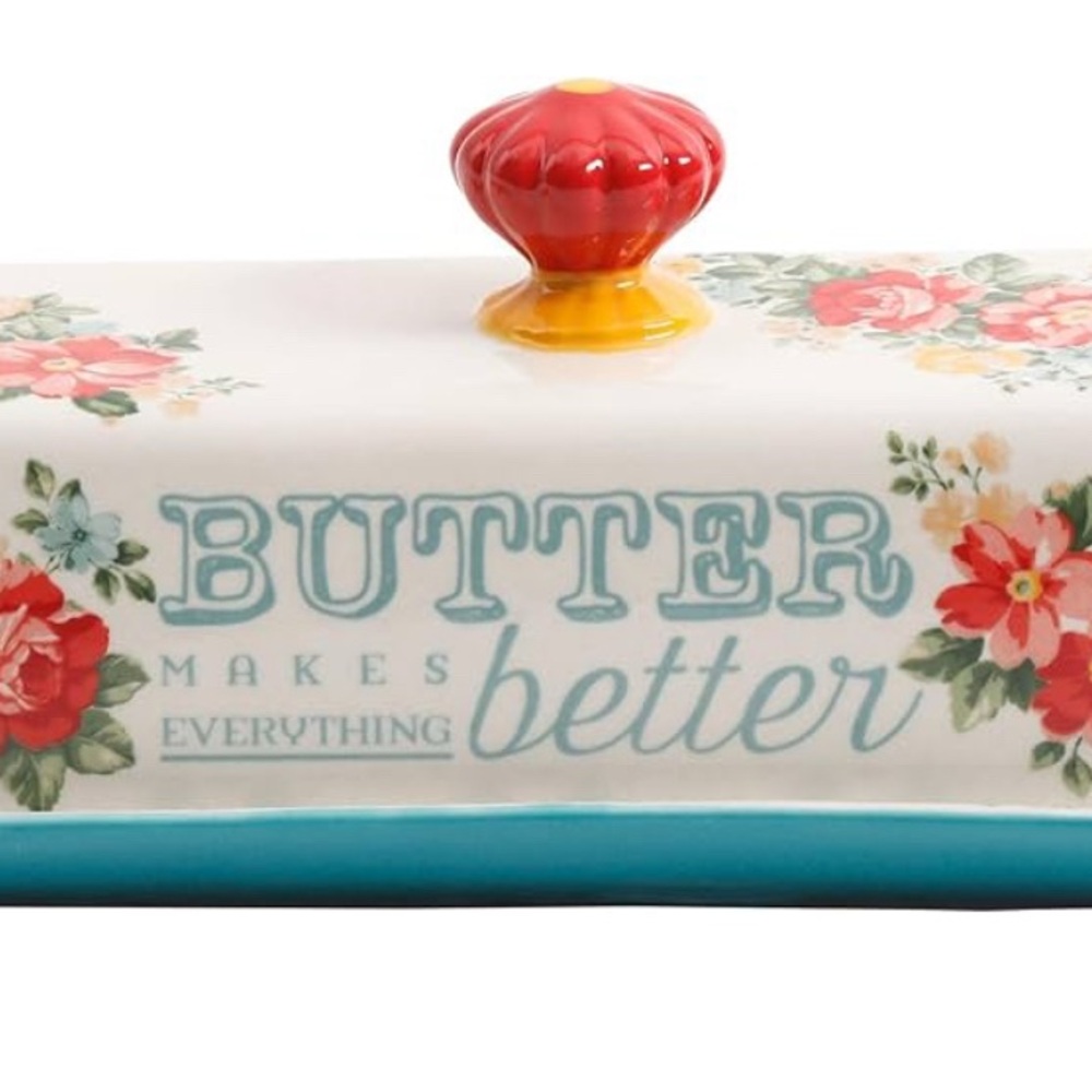 Now 50%off. The Pioneer Woman Floral Butter Dish with Red Knob - Picture 2 of 7